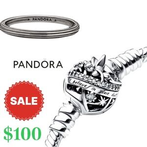 2 pcs PANDORA Disney Tinker Bell Silver Bracelet 9 inch & Silver Ring size 5